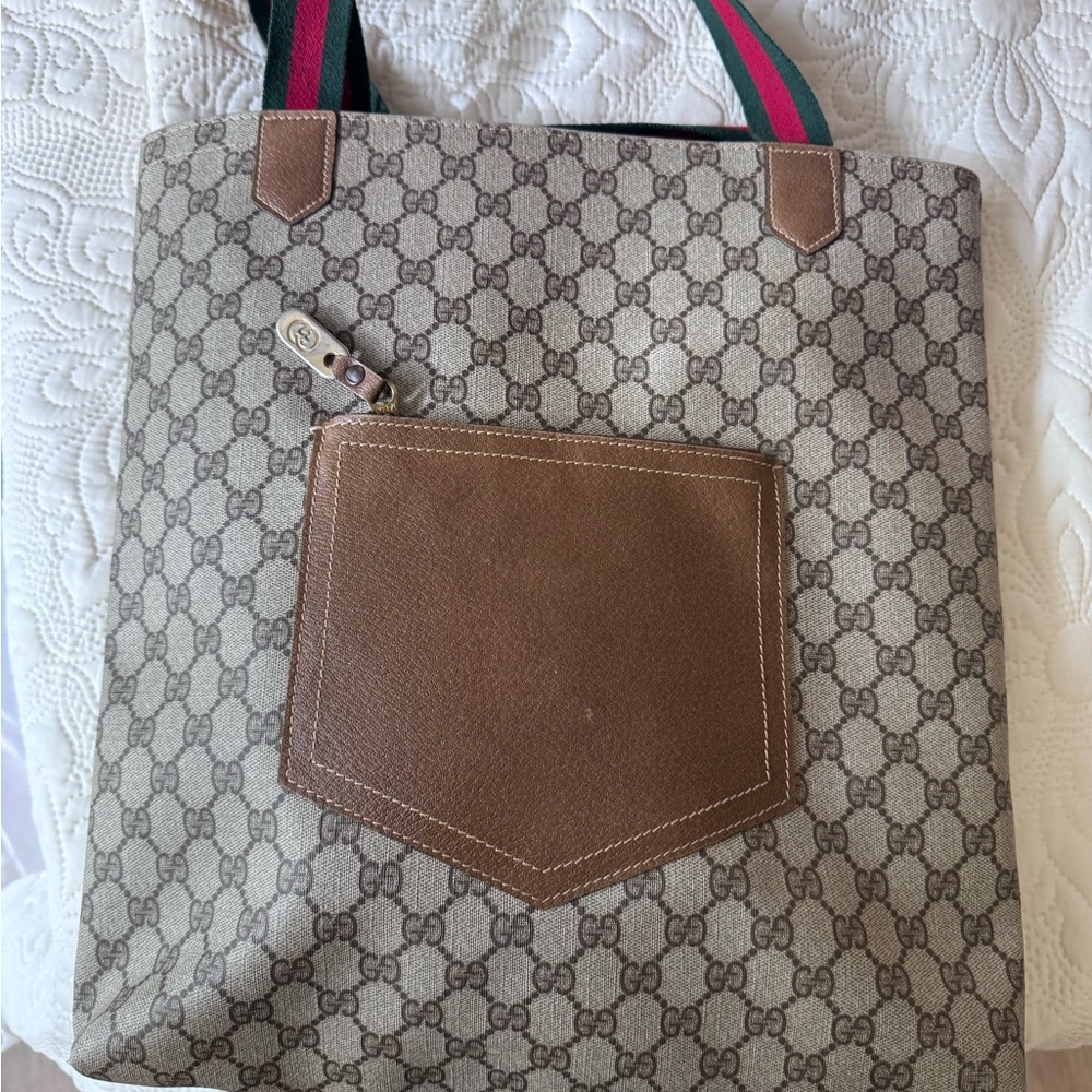 Gucci Vintage Beige Monogram Tote with Brown Pocket
